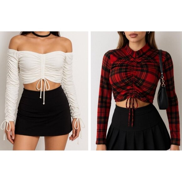 Tops - Y2K Ruched Top Bundle Size Medium Plaid Long Sleeve & White Drawstring Going Out